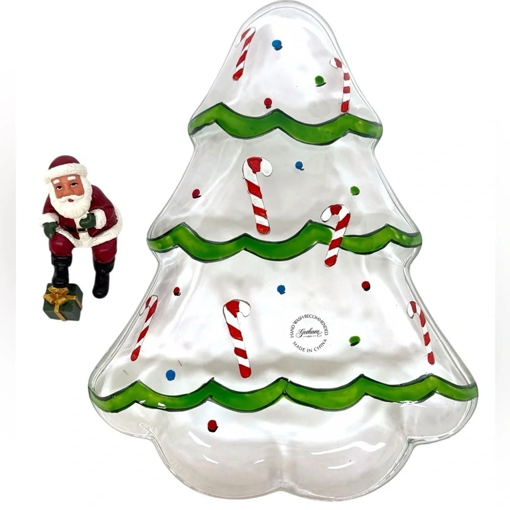 Gorham Tree Candy Dish 8” with sitting Santa Red & Green Christmas EUC